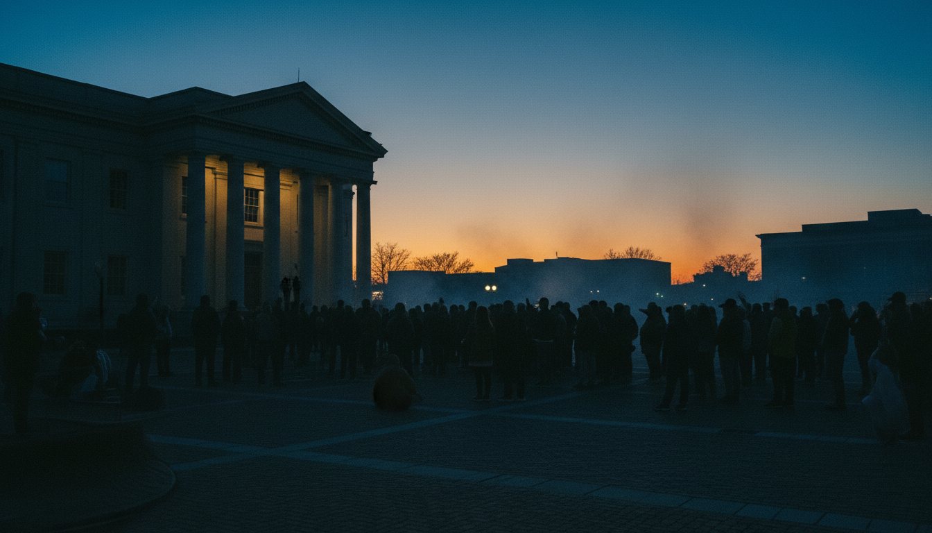 Citizens gathered at dusk before a civic building